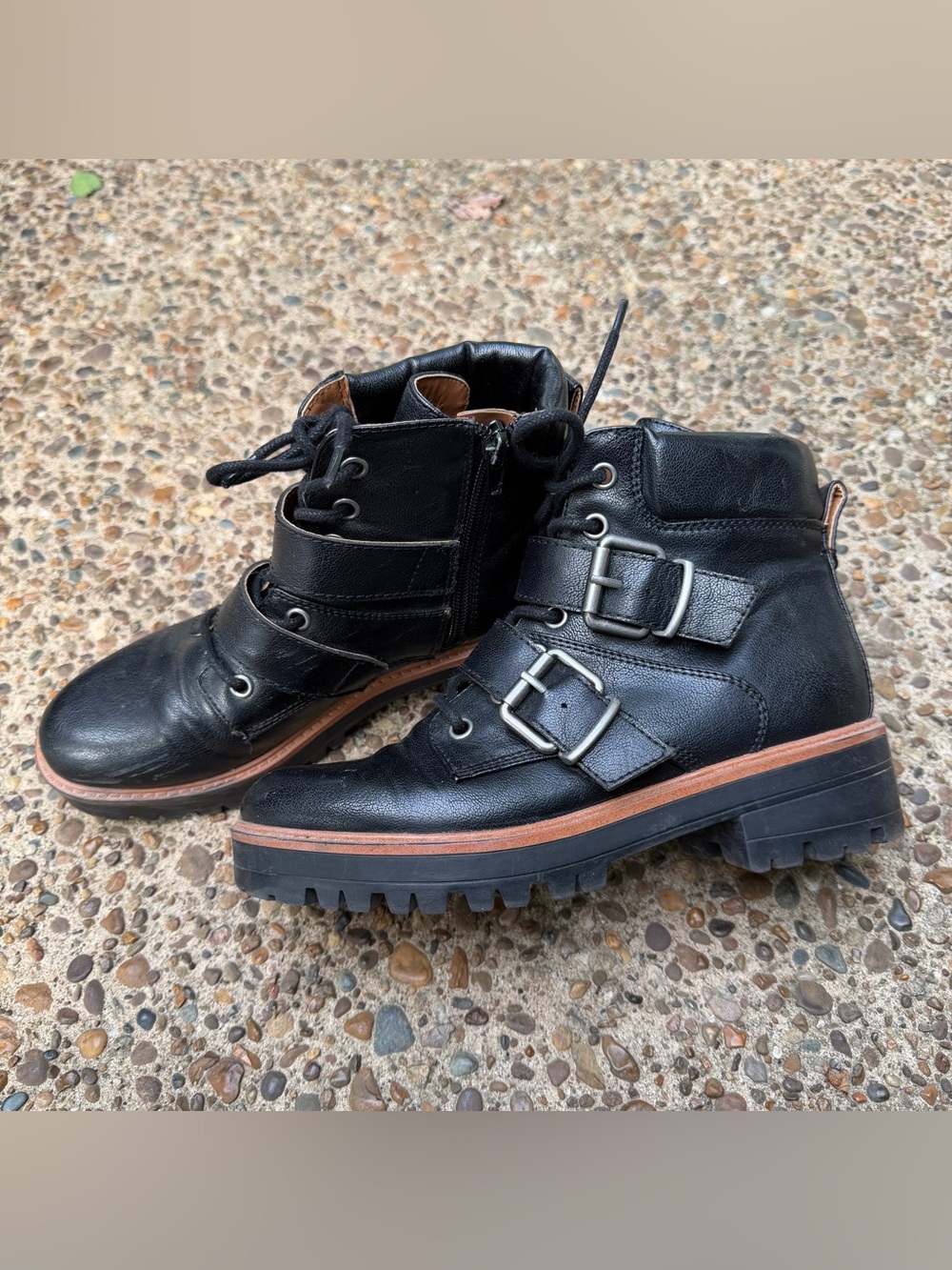 Black Double Buckle Moto Combat Boots Women’s Size 6M Y2K Grunge Streetwear Edgy